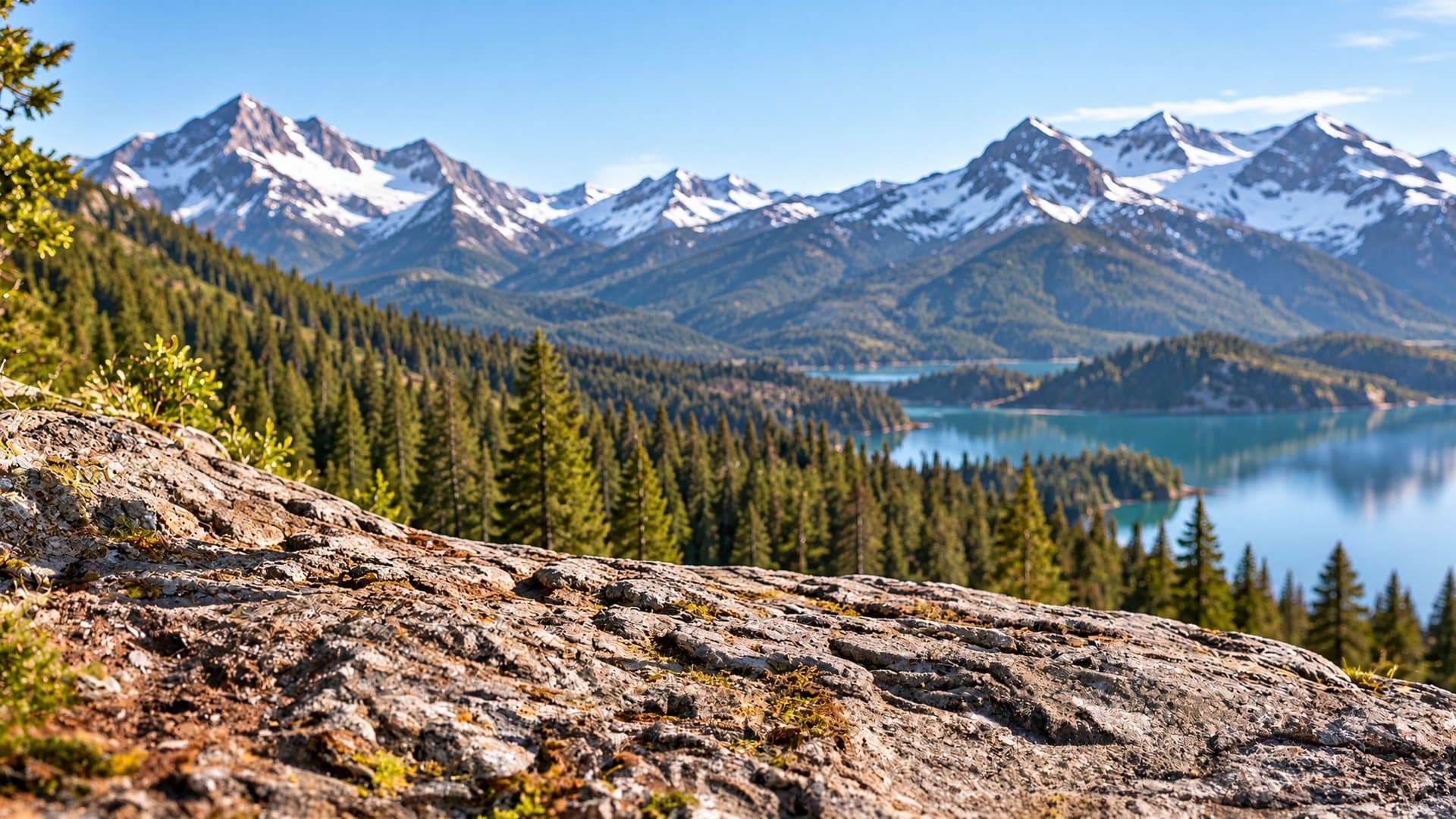 An empty rocky ledge overlooking snow-capped mountains and a lake, the reference image