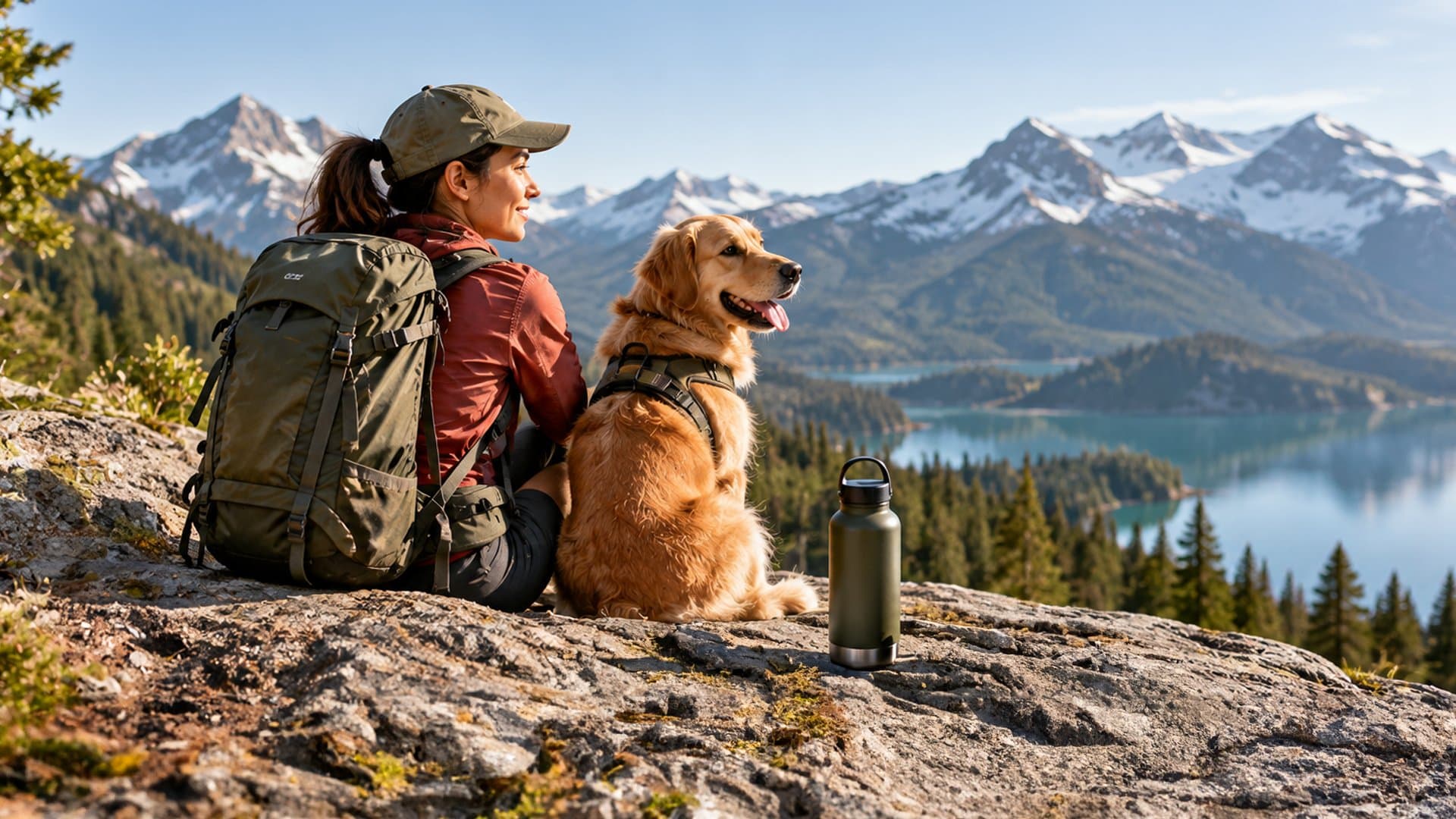 A hiker, a golden retriever, and a water bottle placed left to right on the mountain ledge, generated by FLUX 3 Image