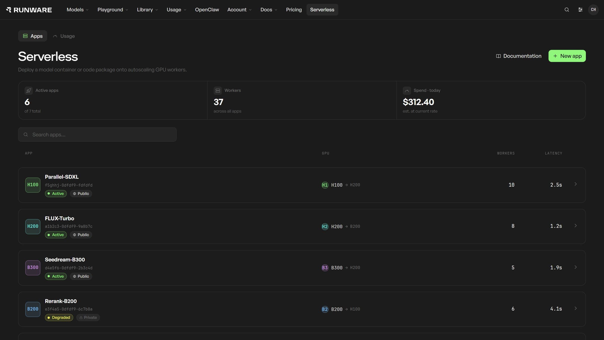 The Runware Serverless console listing deployed apps with their status, GPU type, worker count and latency