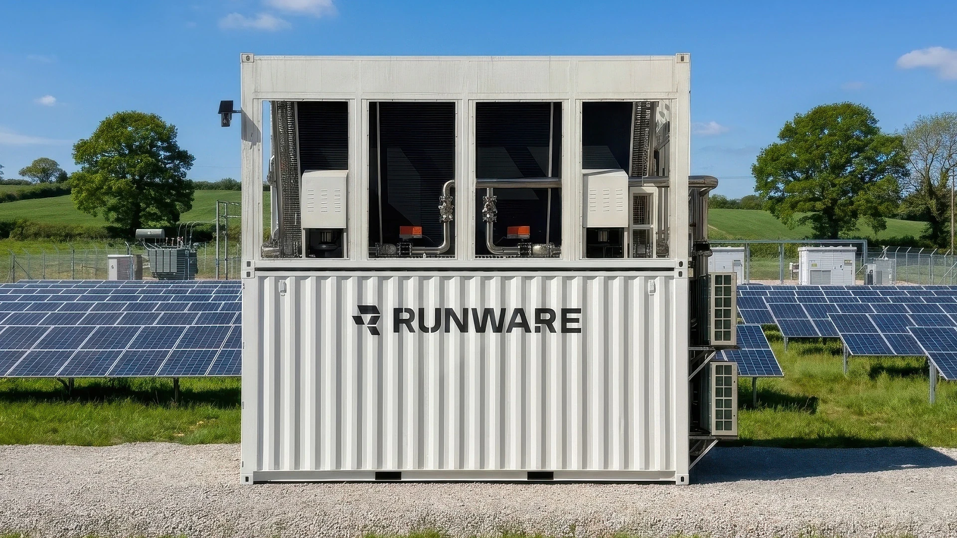 A Runware Sonic Pod: a white 20 ft container with liquid-cooling units on top, in a field beside a solar array.