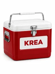 Red and white KREA cooler box on a white background