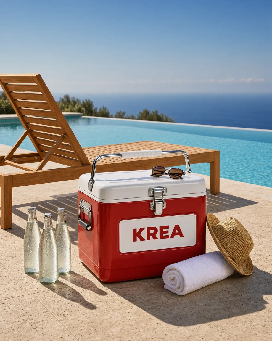 The same cooler on a travertine pool terrace beside a teak sun lounger and an infinity pool