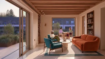 Living room with an orange sofa, two petrol-blue chairs, and a pale table