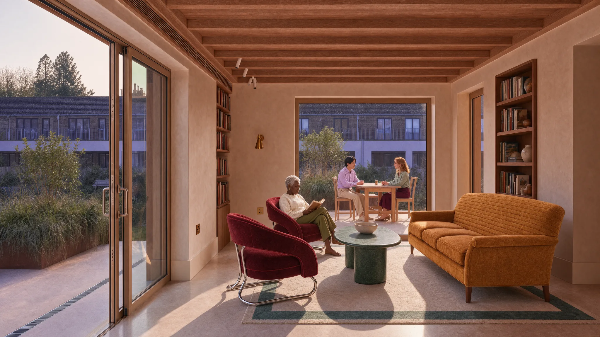 The same living room with the saffron sofa, two oxblood lounge chairs, and the green marble table, with the people and room unchanged