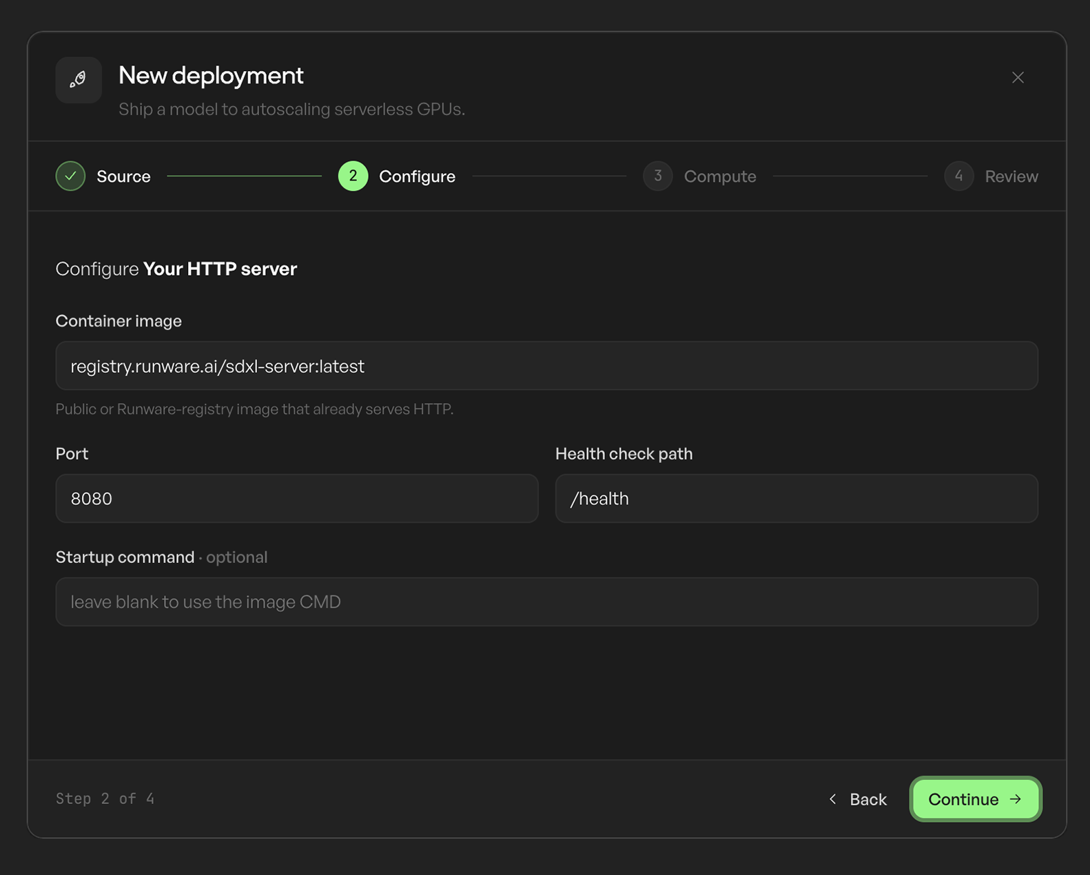 Deployment wizard step two: configure the container image, port, health check path, and startup command.