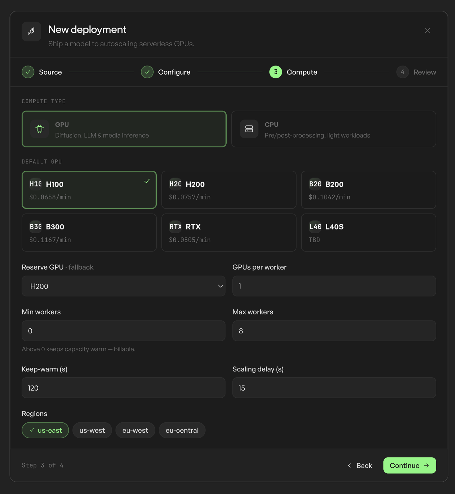 Deployment wizard step three: pick a default GPU with per-minute pricing, set worker autoscaling, and choose regions.