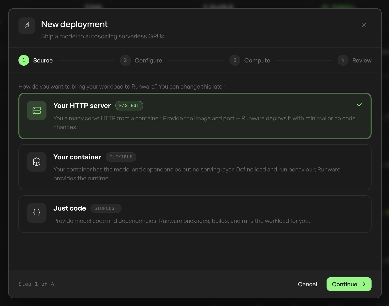 Deployment wizard step one: choose how to bring your workload to Runware — an HTTP server, a container, or just code.