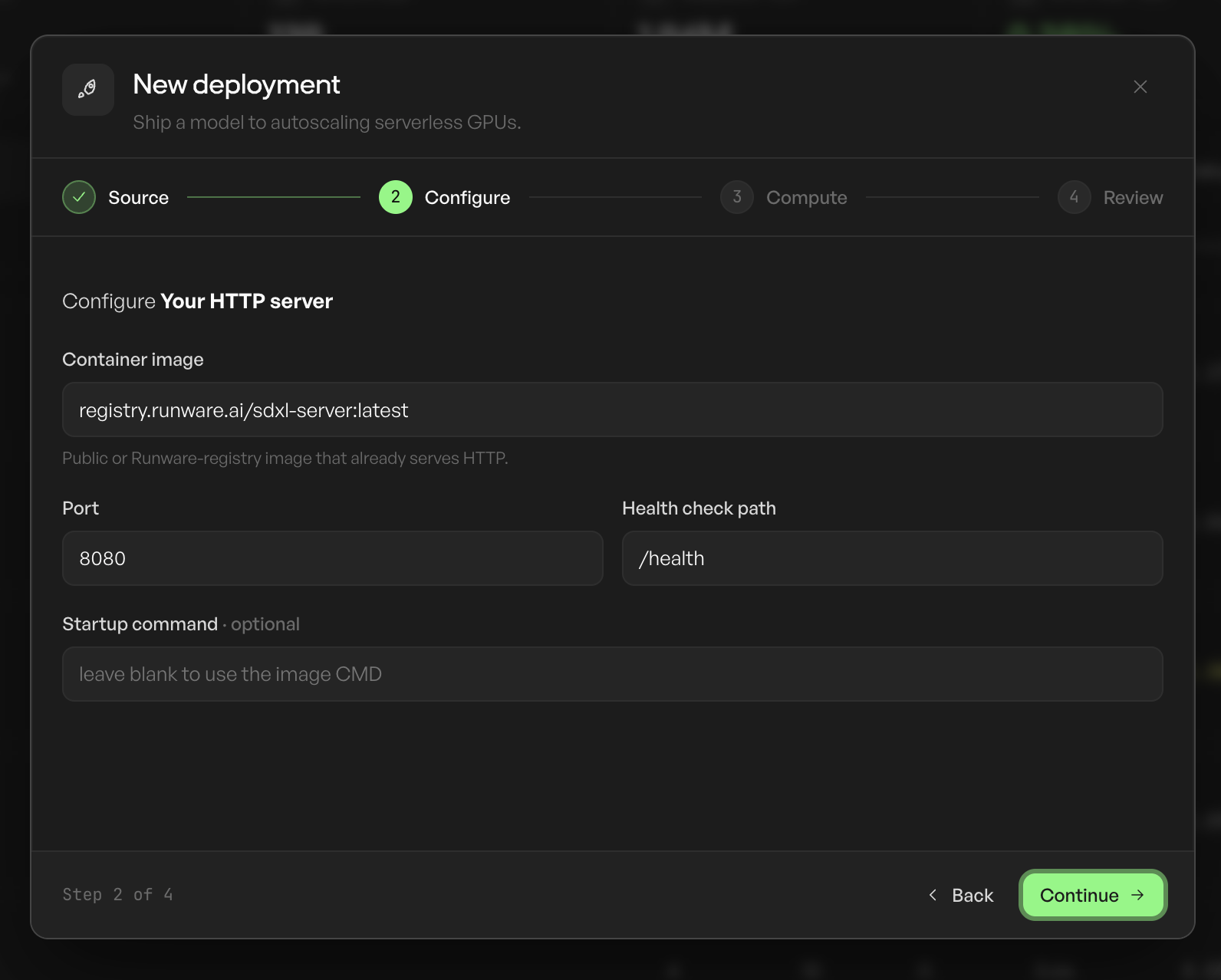 Deployment wizard step two: configure the container image, port, health check path, and startup command.