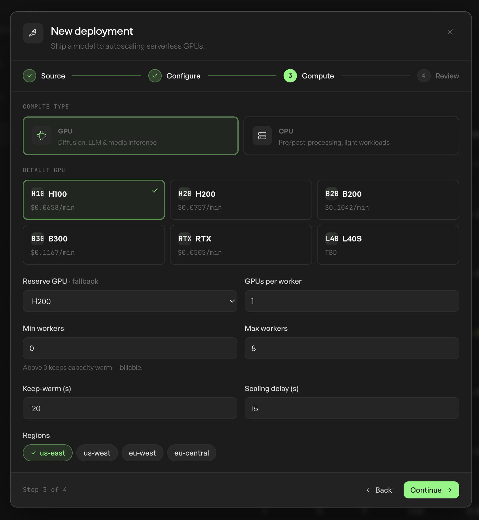 Deployment wizard step three: pick a default GPU with per-minute pricing, set worker autoscaling, and choose regions.